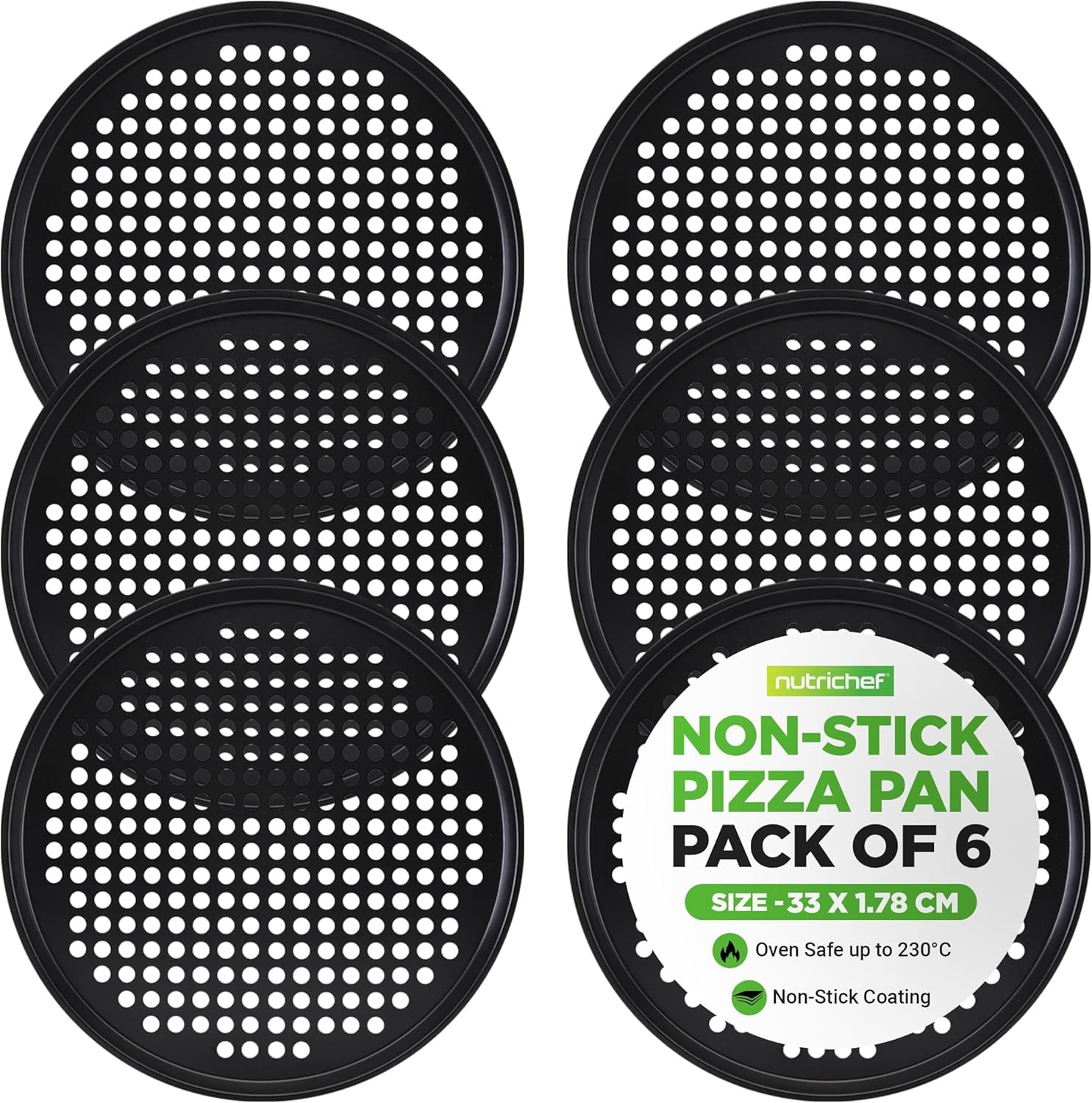 NutriChef Non-Stick Pizza Pan Set 6-Pack 33cm, Carbon Steel Baking Steel Tray for Oven, Baking Accessories with Cutting Board, Container, Plates, Pans with Holes, Dishwasher Safe