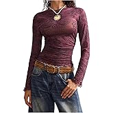 SOLY HUX Women's Boho T Shirt Lace Trim Sheer Ruched Long Sleeve Tee Fitted Going Out Tops