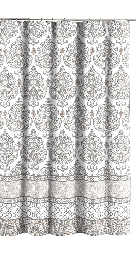 Grey Taupe White Canvas Fabric Shower Curtain Floral Damask With