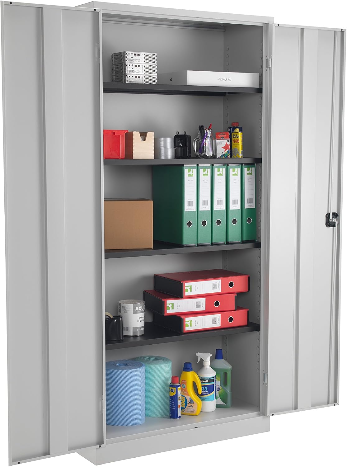 Office Hippo Steel Storage Cabinet, Lockable, Double Door, 4 Adjustable Shelves, 50kg Capacity, Grey, 179cm H - Image 4