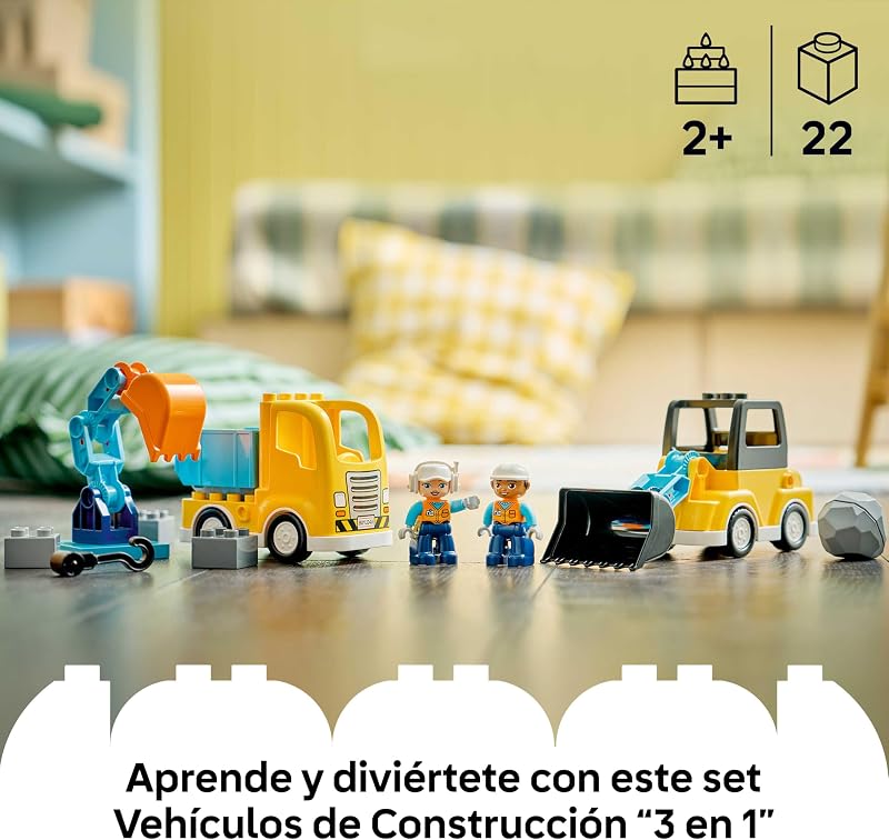 Duplo Construction Vehicles "3in1" - Jogo educativo Montessori com camiões, escavadoras e veículos de construção de brincar - Presente de Aniversário para Rapazes e Raparigas 2+ Anos - 10475