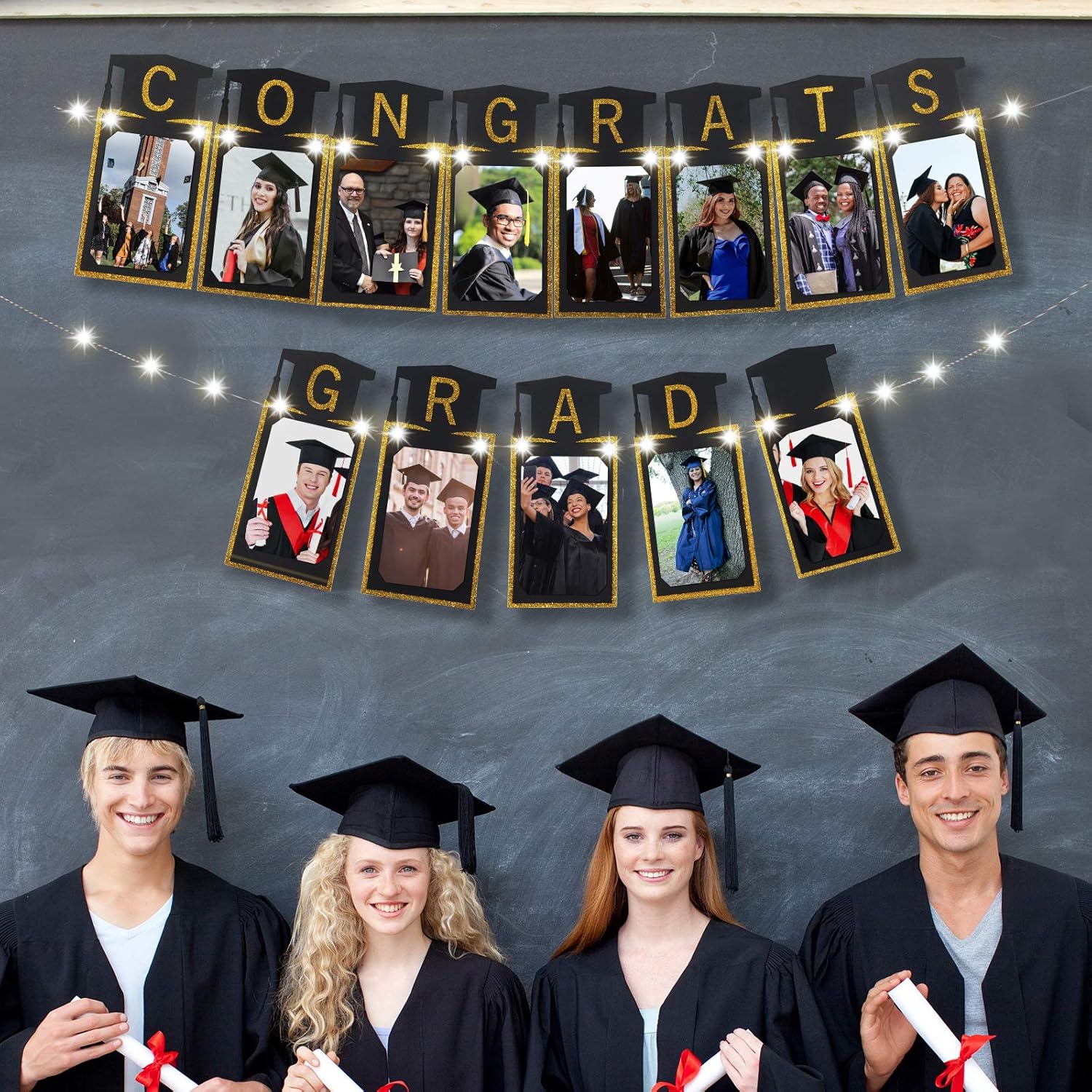 2021 Graduation Photo Banner with 8 Modes String LED Lights, Congrats Grad Picture Banner Lighting Hanging Garland for Grad Party Decor Photo Props
