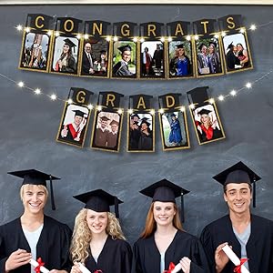 2021 Graduation Photo Banner with 8 Modes String LED Lights, Congrats Grad Picture Banner Lighting Hanging Garland for Grad Party Decor Photo Props