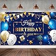 Sumind Happy Birthday Backdrop Banner for Men, Navy Blue and Gold Birthday Decorations, Photo Backdrop Background Party Favor Celebration Supplies, 72.8 x 43.3 Inch