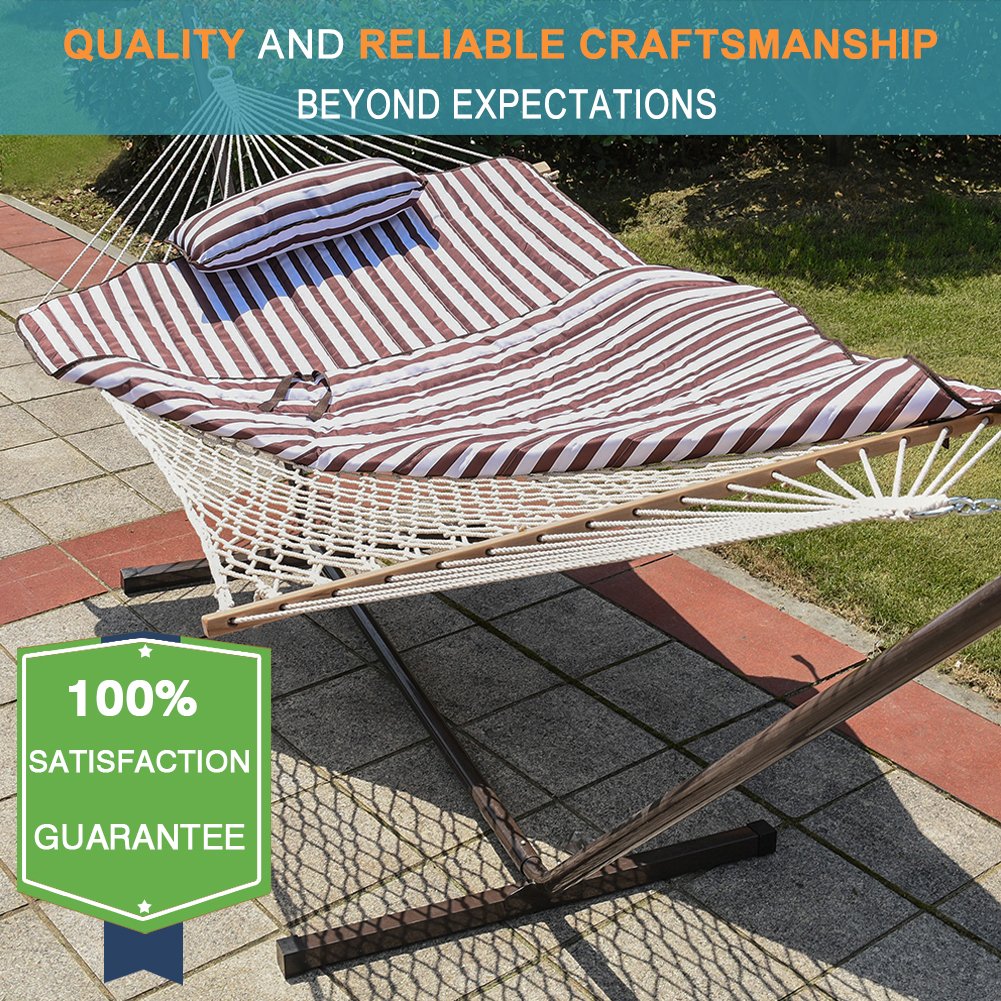 Lazy Daze Hammocks 12 Feet Steel Stand with Rope Hammock Combo, Quilted Polyester Pad and Pillow (Brown/White Stripe)