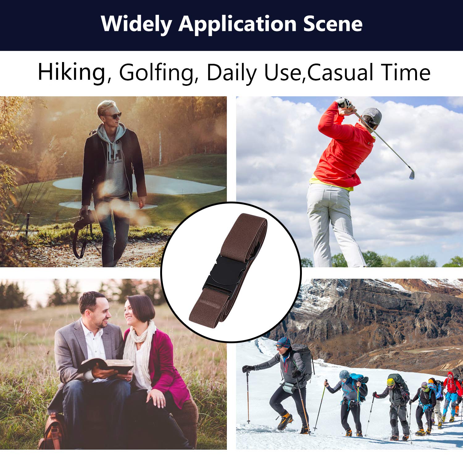 LEACOOLKEY Nickle Free Metal Free Belt, No Show Mens Stretch Belts - Elastic Webbing Belt with Flat Plastic Buckle, Travel Friendly Men Belt(Coffee, Pants Size Below 34 Inches)