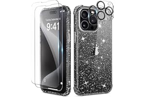 TIESZEN Compatible with iPhone 15 Pro Max Case Glitter Clear, [5 in 1] with 2X Screen Protector + 2X Camera Lens Protector, Cute Bling Military Grade Shockproof Slim Phone Case 6.7 Inch, Clear Black