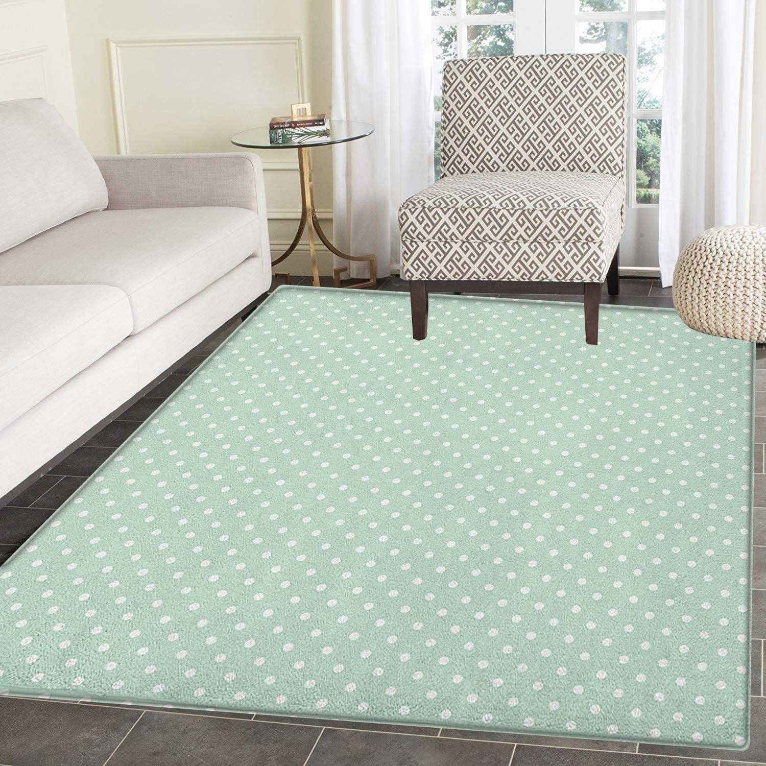 Green Area Silky Smooth Rugs Retro Style Baby Nursery Themed Pattern with Little White Polka Dots Pastel Floor Mat Pattern 3'x5' Mint Green White