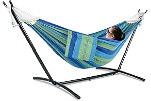 gafete Double Hammock with Stand for Outside, Upgraded Spreader Bar, Heavy Duty Space Saving Steel Stand 2 Person, Side Pockets, Easy Assembly, 600lbs Weight Capacity, Indoor & Outdoor (Green Blue)