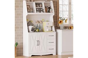 IRONCK Coffee Bar Cabinet with Storage and Pegboard and Power Outlet, 71" Farmhouse Kitchen Hutch Cabinet with 3 Drawers and 2 Barn Doors, Modern Microwave Stand Kitchen Hutch Storge Cabinet, White