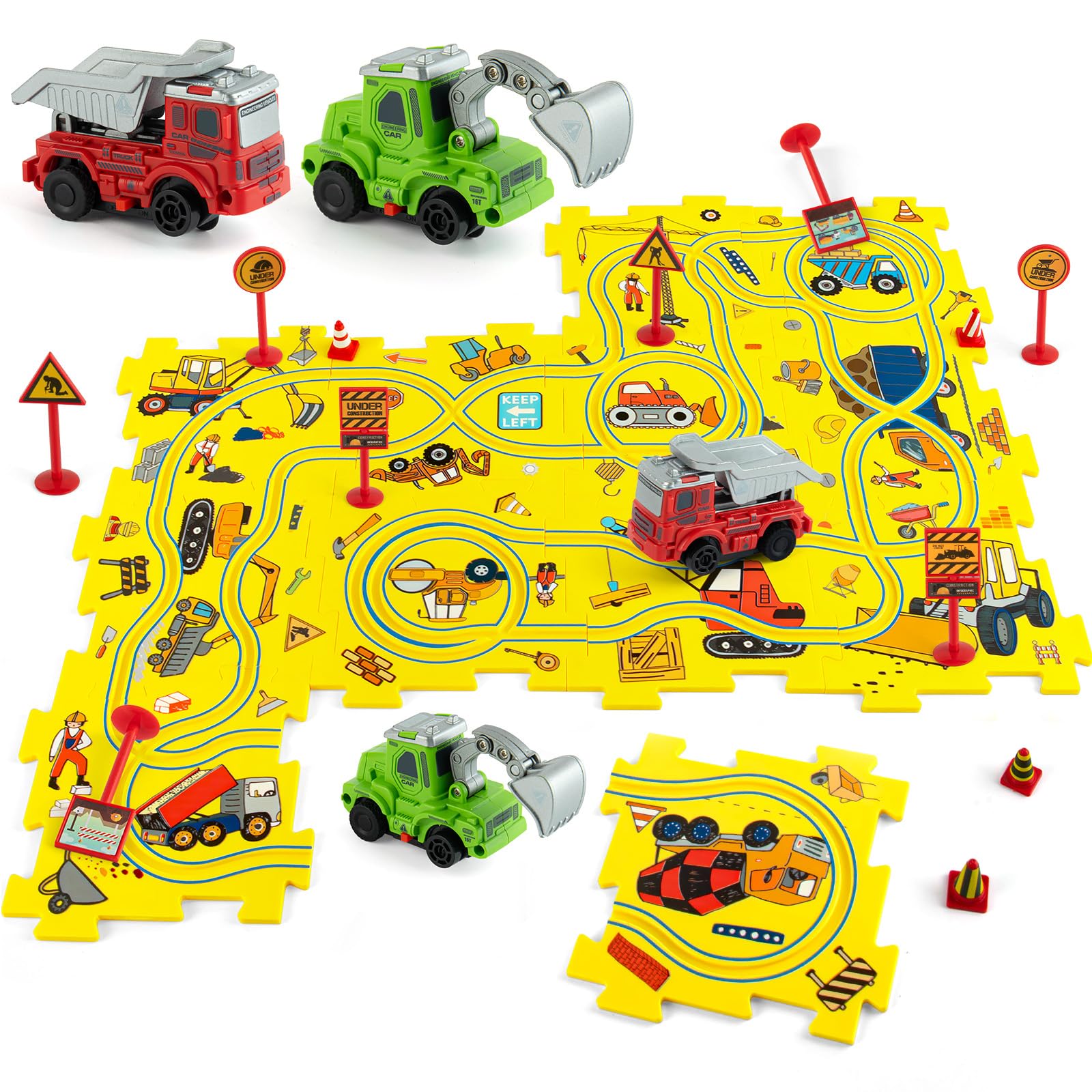 Plastic Puzzles for Kids Ages 3-5 with Toy Cars (Excavator + Dump Truck), Toddler Puzzle Track Car Play Set, Critical Thinking Educational Toys, Toys for 3 4 5 6 Year Old Boys Girls