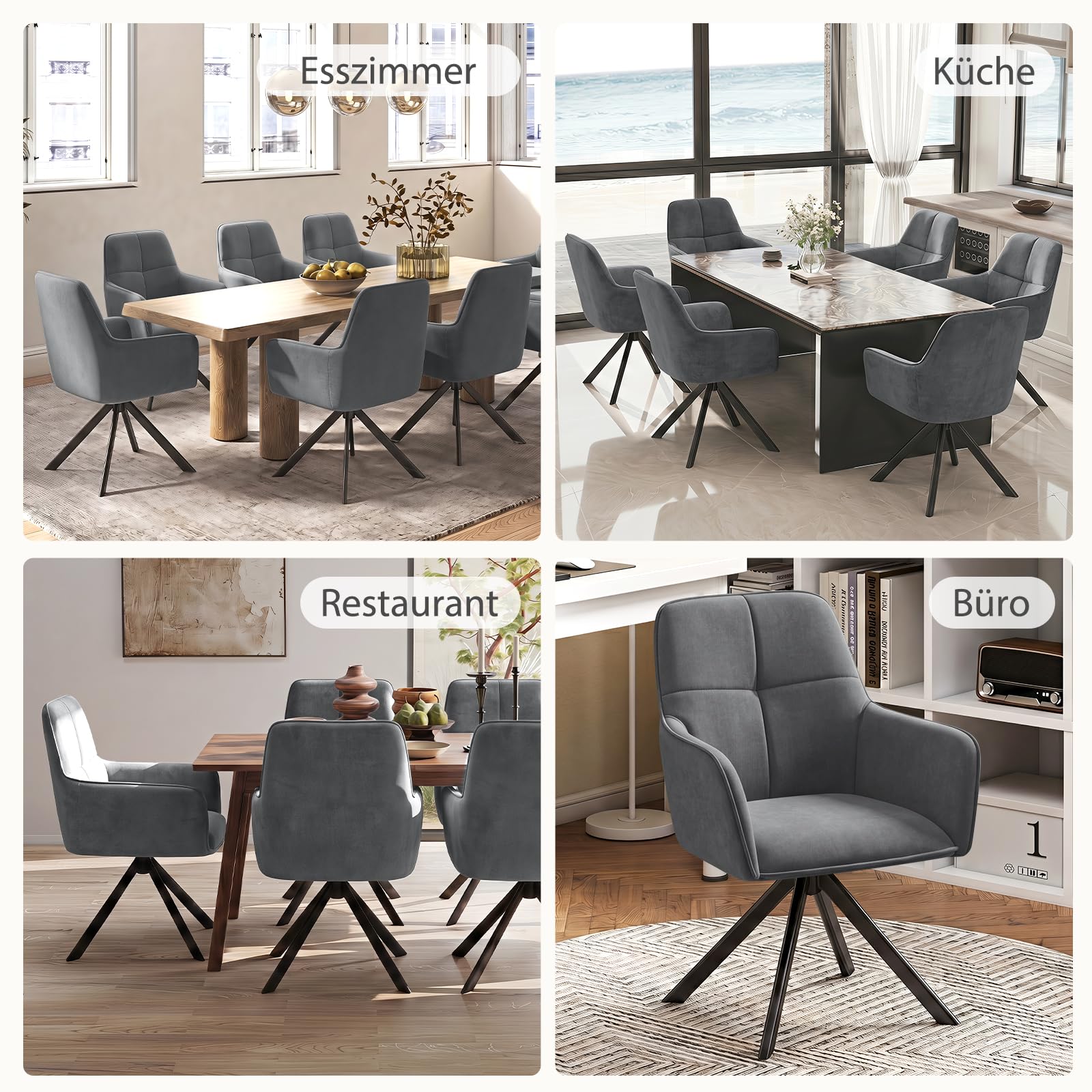 Ckaff Esszimmerstühle Drehbar 6er Set mit Armlehne, 360°Drehbar Polsterstuhl Samt Modern Drehstuhl Küchenstuhl mit Metallgestell und Rückenlehne für Esszimmer, Wohnzimmer, Büro, Dunkelgrau 2