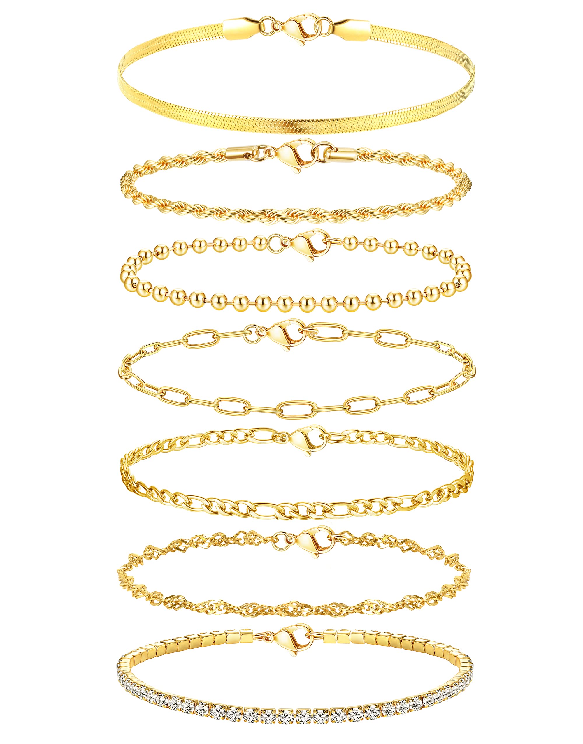 ADRAMATA 7Pcs Chain Bracelets for Women 14K Gold Plated Stacking Bracelet Twist Figaro Herringbone Adjustable CZ Link Bracelets Set Silver Gold Bracelet for Women Girls