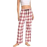 Cyathea Women's 100% Cotton Flannel Pajama Pants Adjustable Elastic Waist Side Pockets Red Green Plaid, Christmas Gift Idea