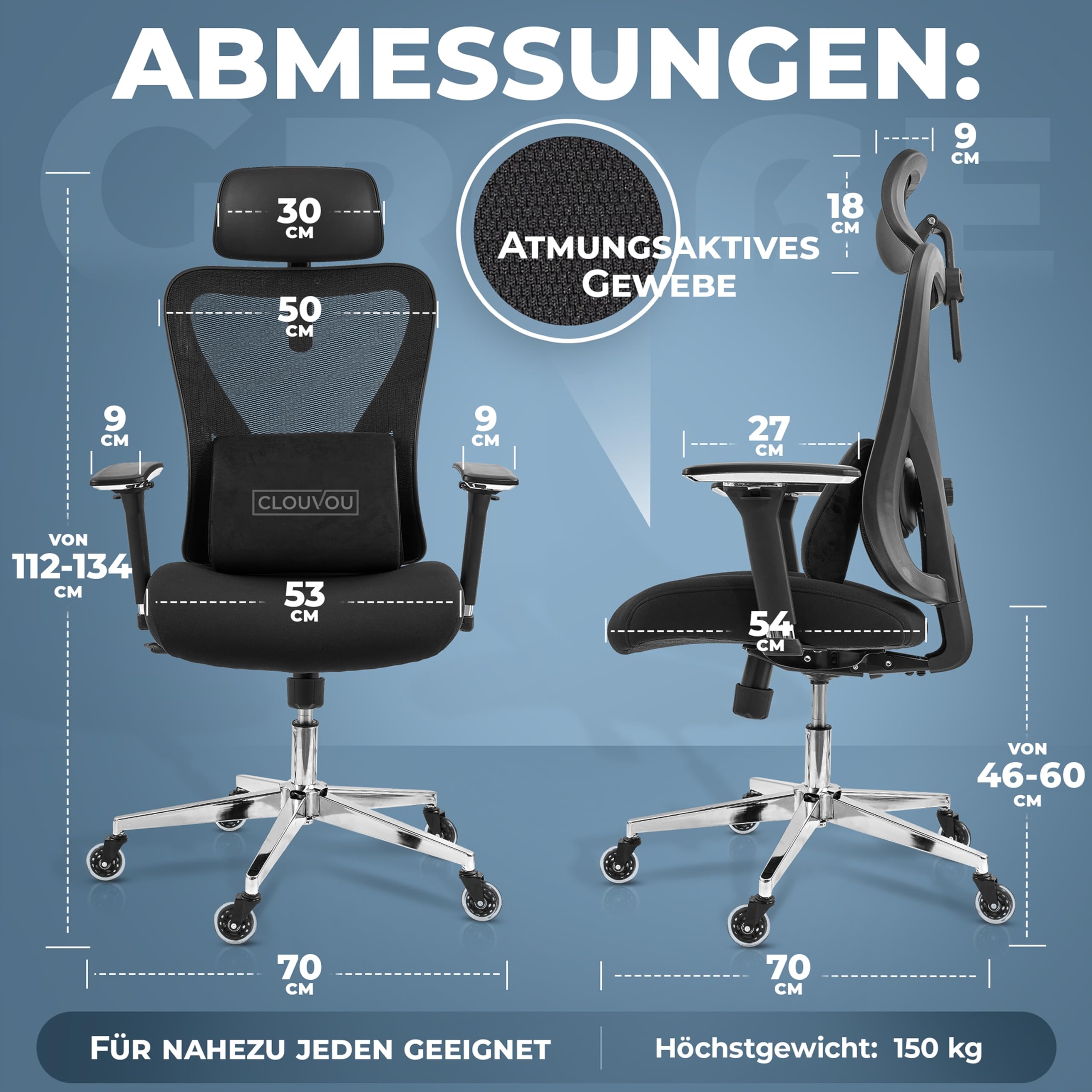 CLOUVOU CleverSeat Bürostuhl Ergonomisch [TESTSIEGER] Schreibtischstuhl 100% individuell einstellbar | Büro Stuhl & Gaming Stuhl | Computerstuhl Home Office Chair Ergonomic | Drehstuhl 150 kg