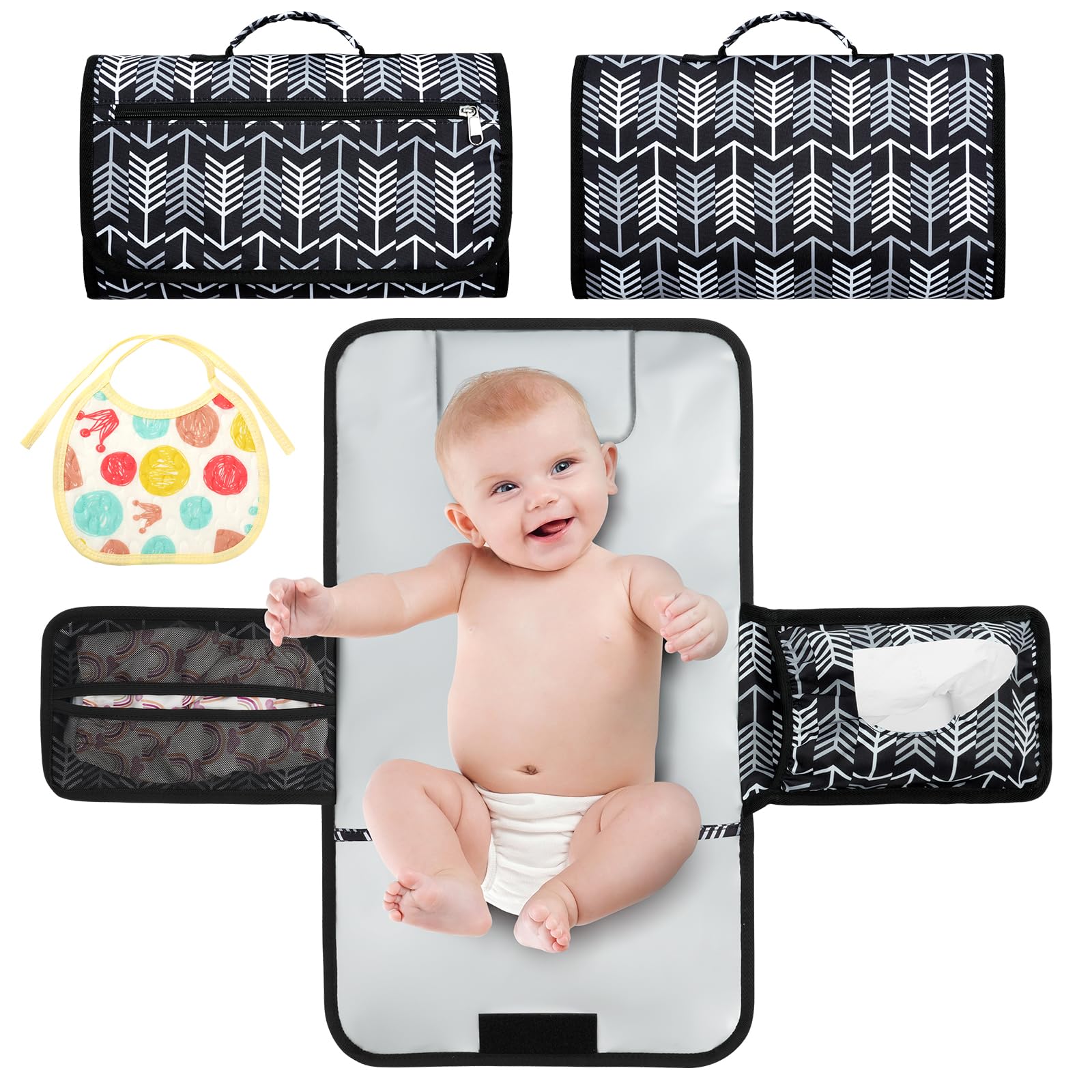 HOTUT Portable Nappy Changing Mat,Travel Changing Mat with Pocket,Waterproof Travel Changing Mat with Wipe-Pocket and Head Cushion,Foldable Travel Changing Mat,Portable Changing Mat Travel (Black)