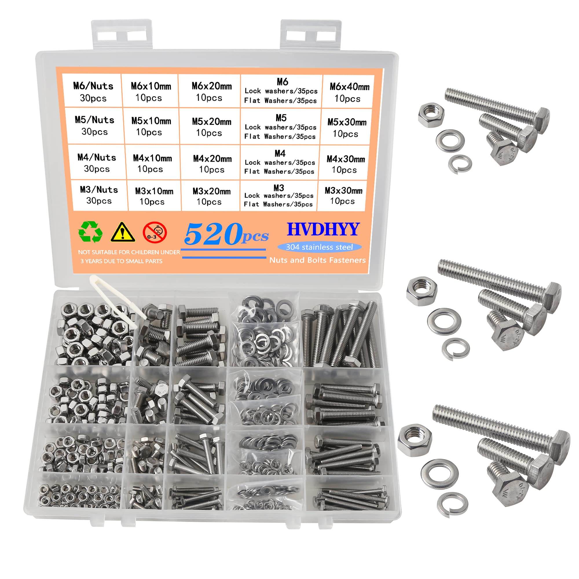 HVDHYY M3 M4 M5 M6 Nut and Bolt set Machine Screws & Nuts & Washers Assortment kit 304 Stainless Steel Outer Hexagon Head Button with a Reusable Storage Box (520pcs)
