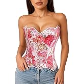LEACOOLKEY Lacework Corset Top for Women Sexy Textured Sheer Floral Lace Bustier Going Out Lace-up Corset Overbust Top
