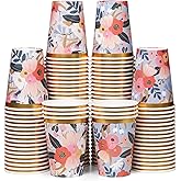 Disposable Paper Coffee Cups, Bulk 100 Pack, 2 Floral Patterns with Gold Foil, Leak-Resistant, 355 ml Hot and Cold Cups for R