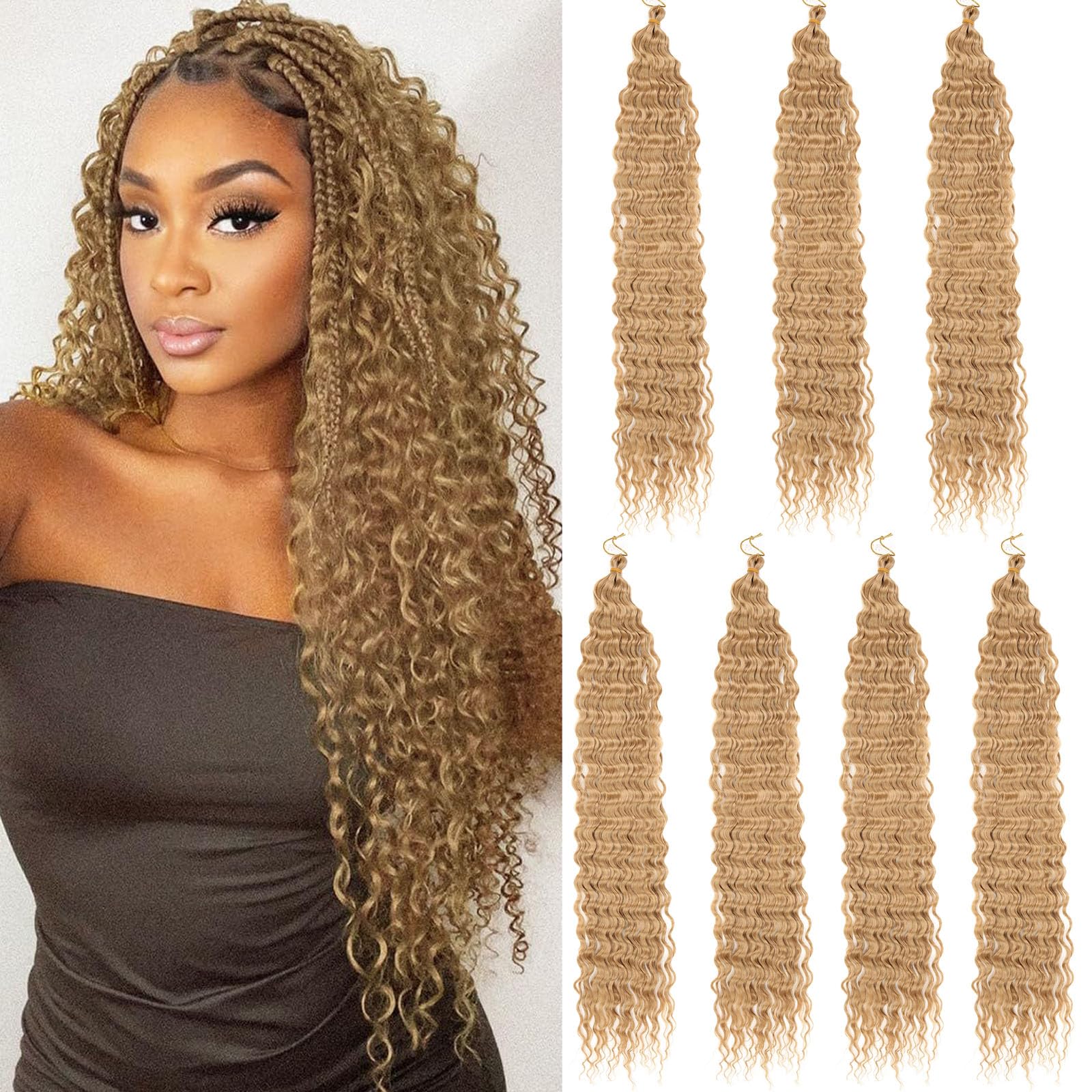 Samtress Ocean Wave Crochet Hair Synthetic 30 Inch 7 Packs Deep Wave Curly Braiding Hair Honey Blond Long Deep Twist Braiding Hair Extensions For Black Women (#27)