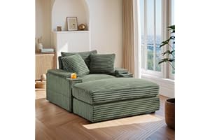 JEEOHEY Oversized Chaise Lounge Chair Indoor with Ottoman,43.3"W Corduroy Upholstered Modern Sofa Couch with Storage Spaces⋓ Holder,Comfy Lazy Sofa Chair,Leisure Sleeper Chair for Living Room,Office(Green)