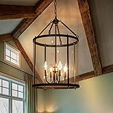 4 Light Farmhouse Lantern Dimmable Glass Drum Chandelier for Kitchen Island W 16" Black Mid-Century Modern Rustic Metal