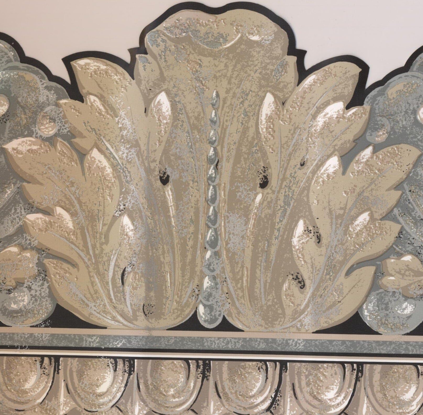 Gold Grey Leaves Damask Victorian Wallpaper Border Retro Design, Roll 15' x 7''