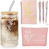 Funnymoom 6 Pcs Christian Valentines Gift for Women Faith Be Still and Know 16 oz Tumbler Aesthetic Cup A6 Leather Religious Journal Ballpoint Pen Makeup Bag for Valentines Sunday School Clergy Pastor