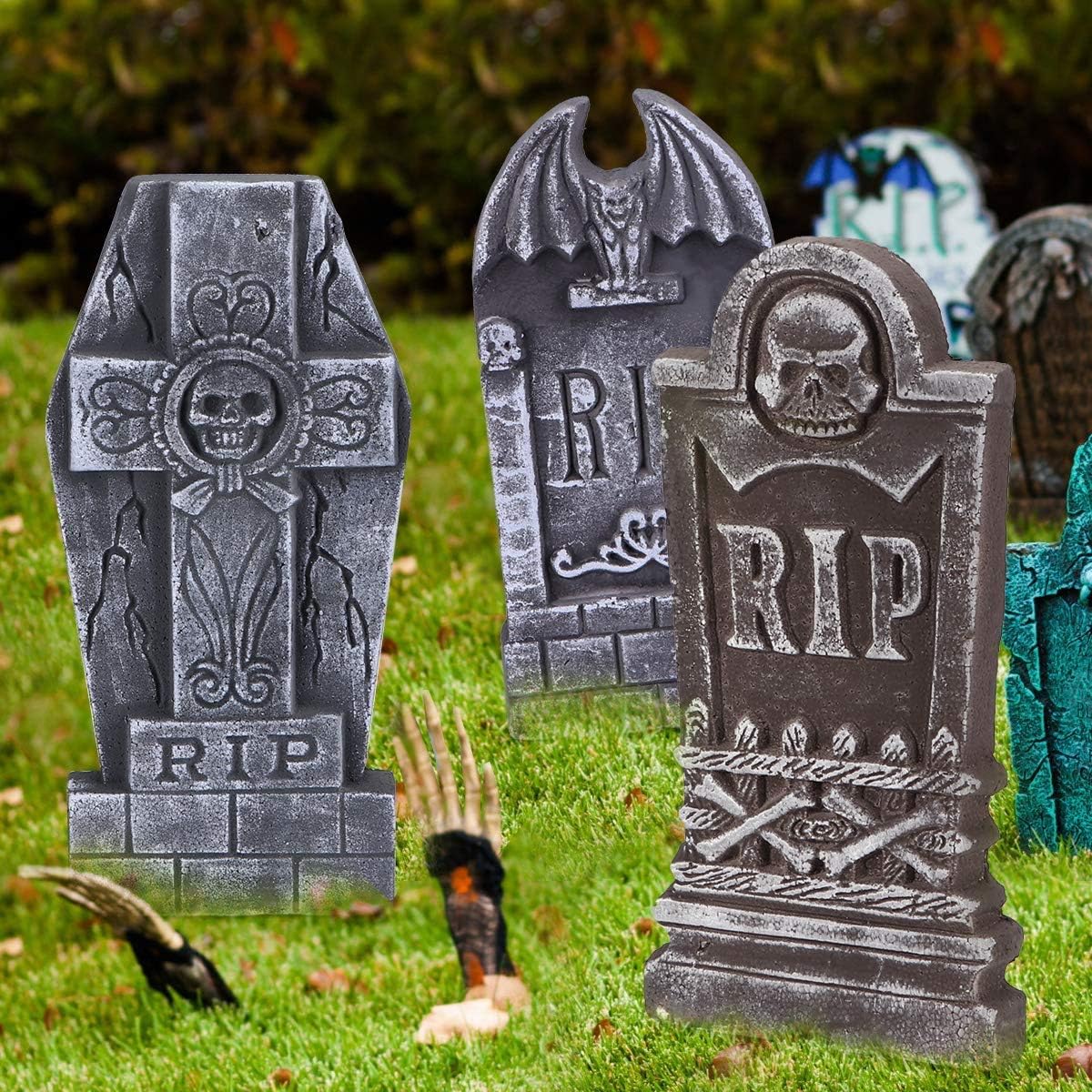 AYOGU1 17” Halloween Foam RIP Graveyard Tombstones (Pack of 5)-Lightweight RIP Tombstone with 8 Metal Stakes for Halloween Decorations : Garden & Outdoor