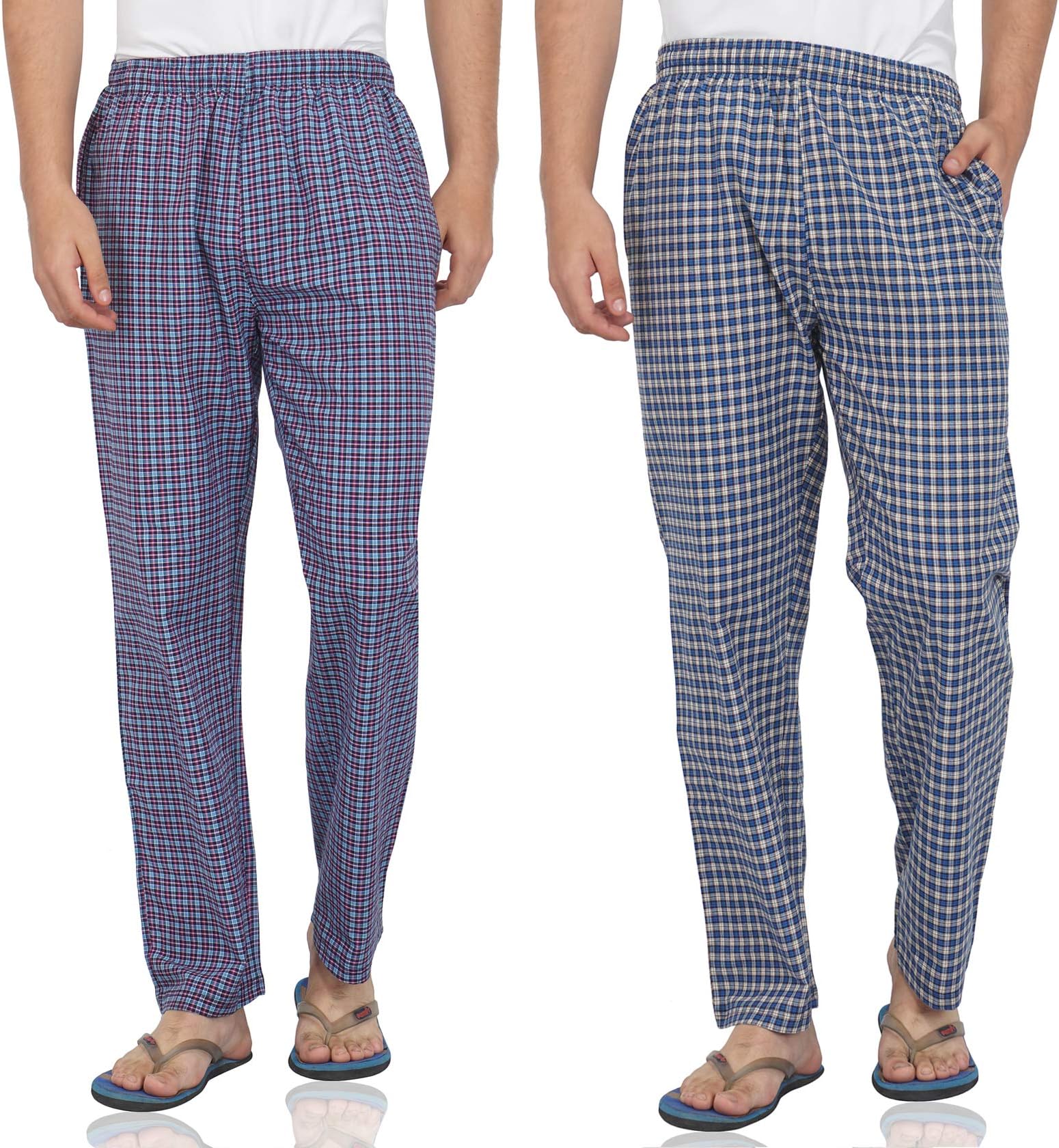 Fflirtygo Mens Pyjama Cotton Combo, 100% Cotton Export Quality Fabric, (Pack of 2) Sleep Pants, Pyjama for Men, Night Wear Pajama - Blue Color Combo Pack