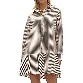 Kedera Women‘s Tunic Shirt Mini Dress Long Sleeves Short Dress Button Up Ruffle Hem Shift Dresses with Pockets