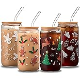 Xelewooz Christmas Glass Cups Set of 4, 16oz Mason Jar Mugs with Lid and Straw, Holiday Drinking Tumblers for Iced Coffee, Decorative Glasses and Gift Set for Women and Men