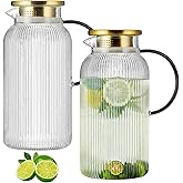 Buaic 2 PACK Glass Pitcher with Lid,68 oz/ 2 Liter Vertical Stripes Water Pitcher With Green Handle,Glass Water Carafe for Cold Brew,Coffee, Lemonade, Iced Tea,Beverage, Heat Resistant Water Glass Jug