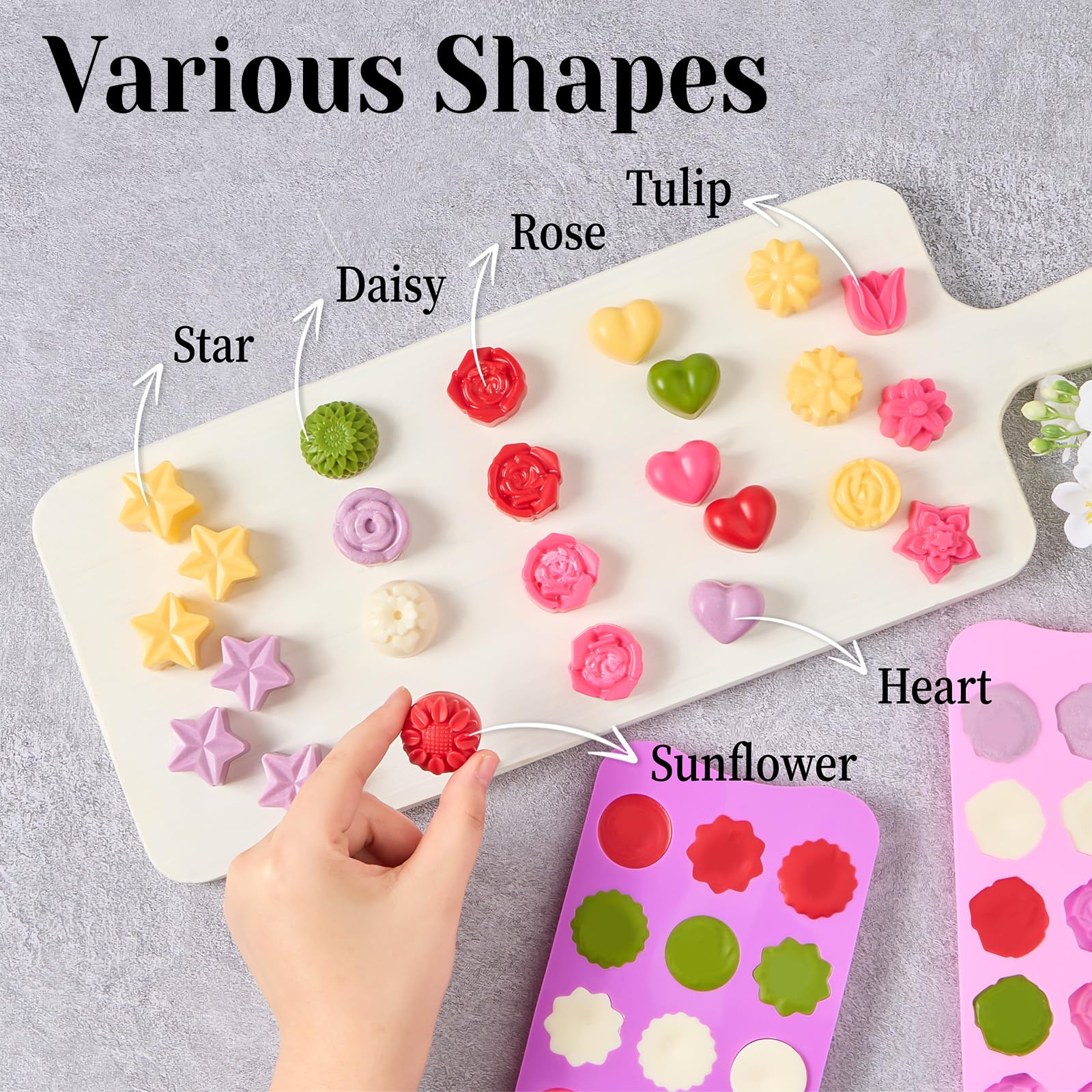 6 Pcs Flower Silicone Chocolate Molds Set, 15-Cavity Rose Heart Star Candy Mold Different Shapes Silicone Molds for Chocolate, Candy, Ice Cube, Butter, Jello