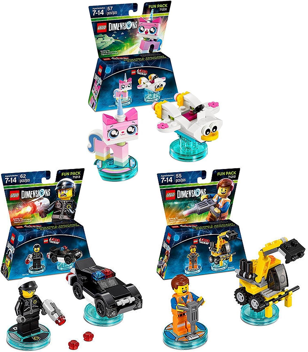 LEGO Dimensions Lego Movie Fun Pack 3 Piece Variety Bundle; Emmet Fun Pack, Bad Cop Fun Pack, Unikitty Fun Pack