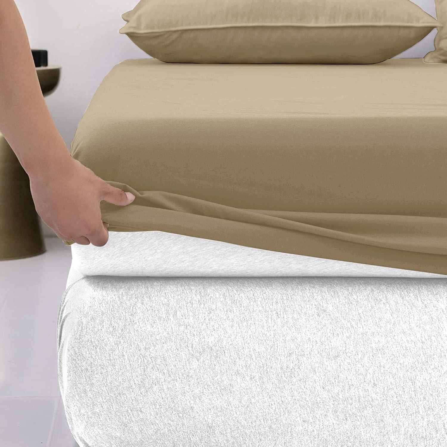 Lavish Touch Queen Size Fitted Sheet - Cotton Rich 1250TC Tri-Blend with Solid Sateen Weave - 16 Inch Deep Pocket, Easy Fits - 1 Fitted Sheet Only (Queen, Taupe): Kitchen & Dining