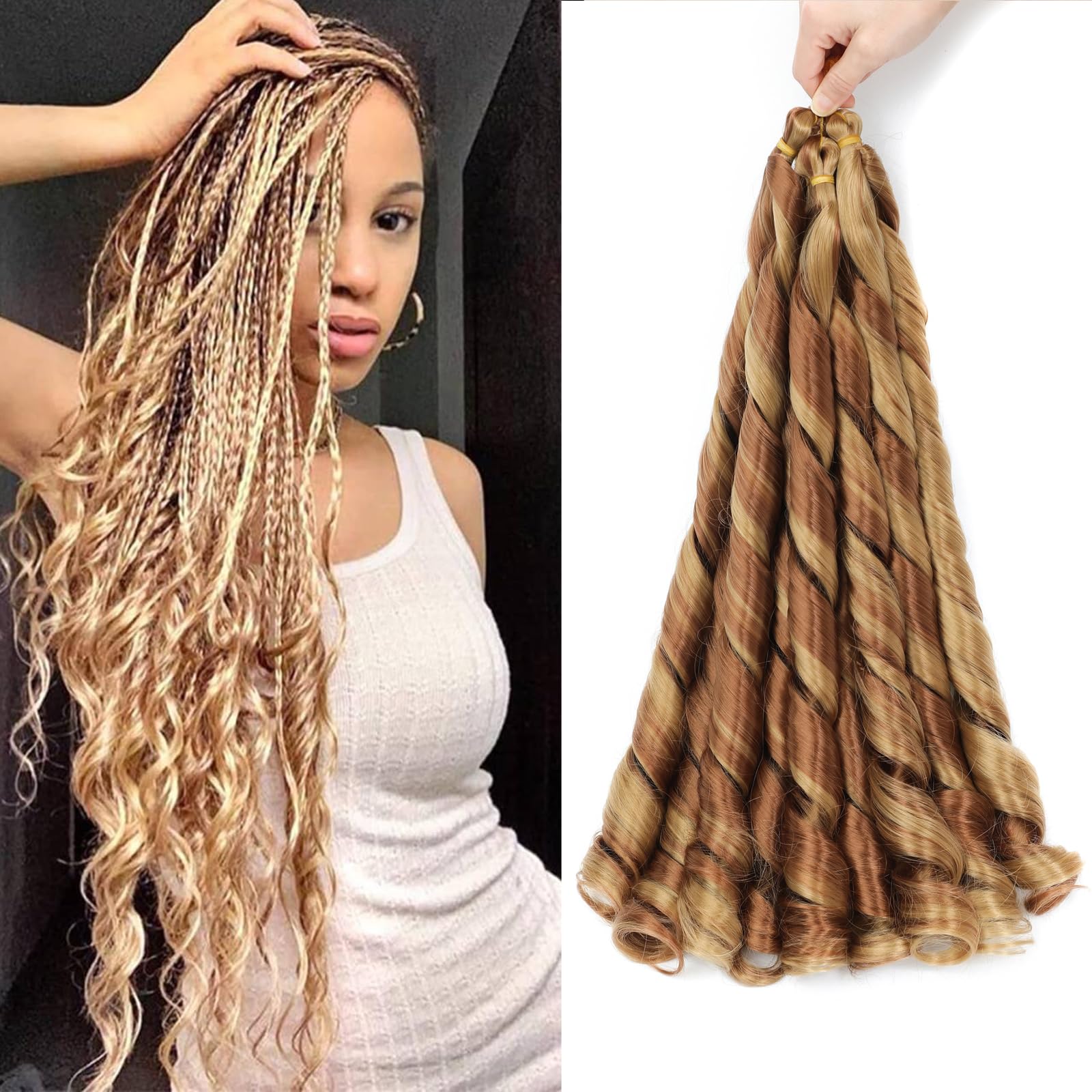 French Curly Braiding Hair for Box Braids 22 inch Loose Wave Braiding Hair Pre Stretched Bouncy Braiding Crochet Spiral Curl Synthetic Extensions for Women (P30/27#, 22 Inch)