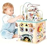 Udeas Pre-Assembled 5 in 1 Wooden Activity Cube. Educational Learning Toy for Kids with Bead Maze, Shape Sorter and Music Gears. for Toddlers 18 Month+. Birthday Gifts for Boys and Girls