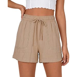 luvamia Women Linen Shorts Summer Casual Elastic High Waisted Pull On Beach Vacation Crochet Shorts with Lace Trim Pockets