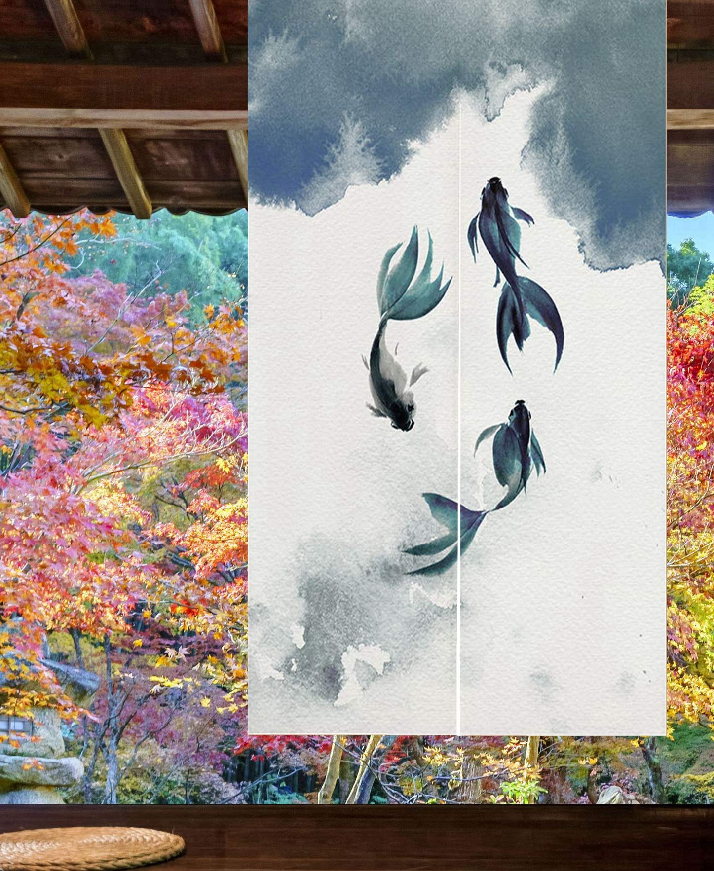 LIGICKY Chinese Ink Style Japanese Noren Doorway Curtain Thicken Koi Fish Printed Asian Window Treatment Hanging Door Tapestry for Sushi Kitchen Home Decoration 33.5" Width x 47.2" Long — image 1