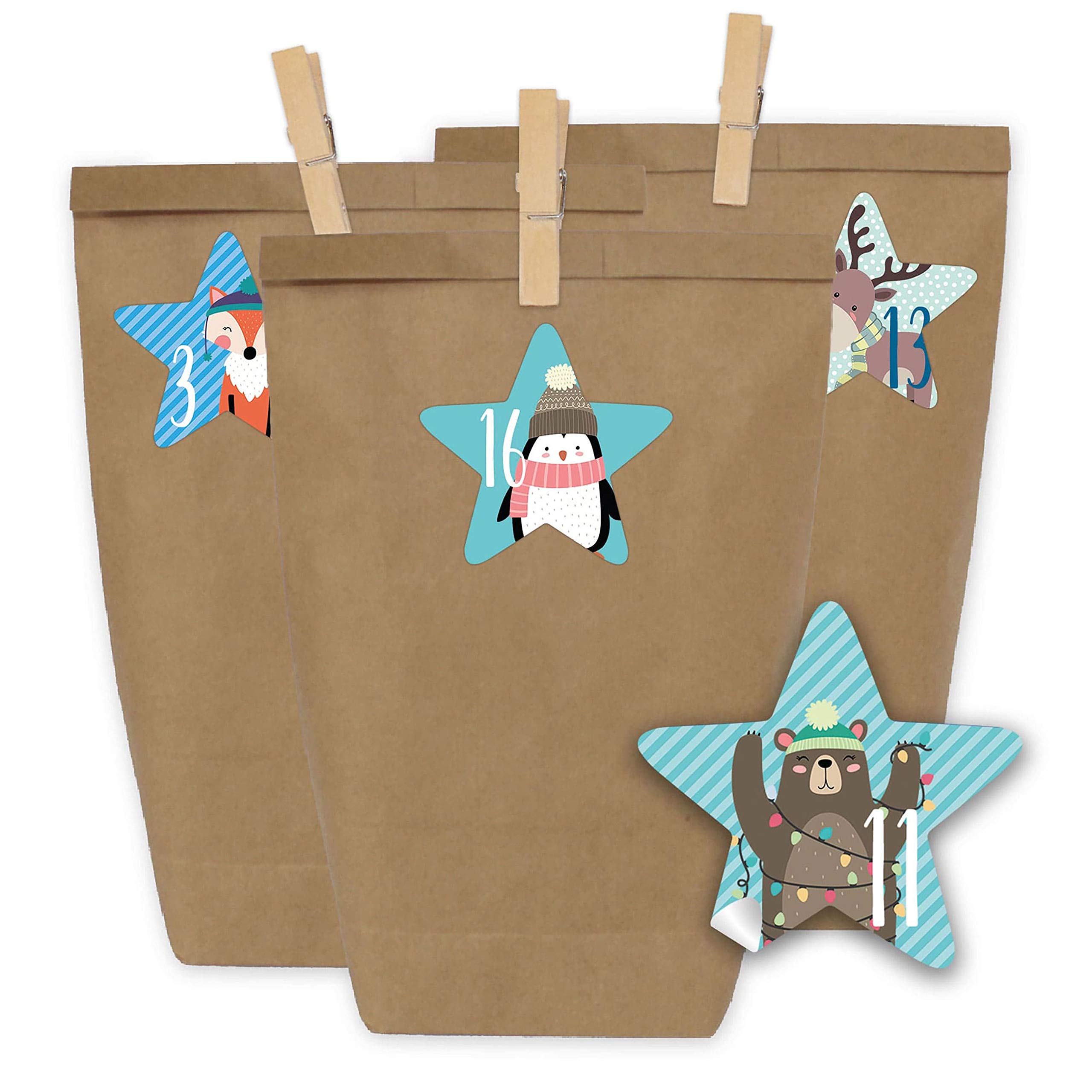 Papierdrachen Advent calendar 24 paper bags with stickers and 24 wooden clips - blue stars design - 39