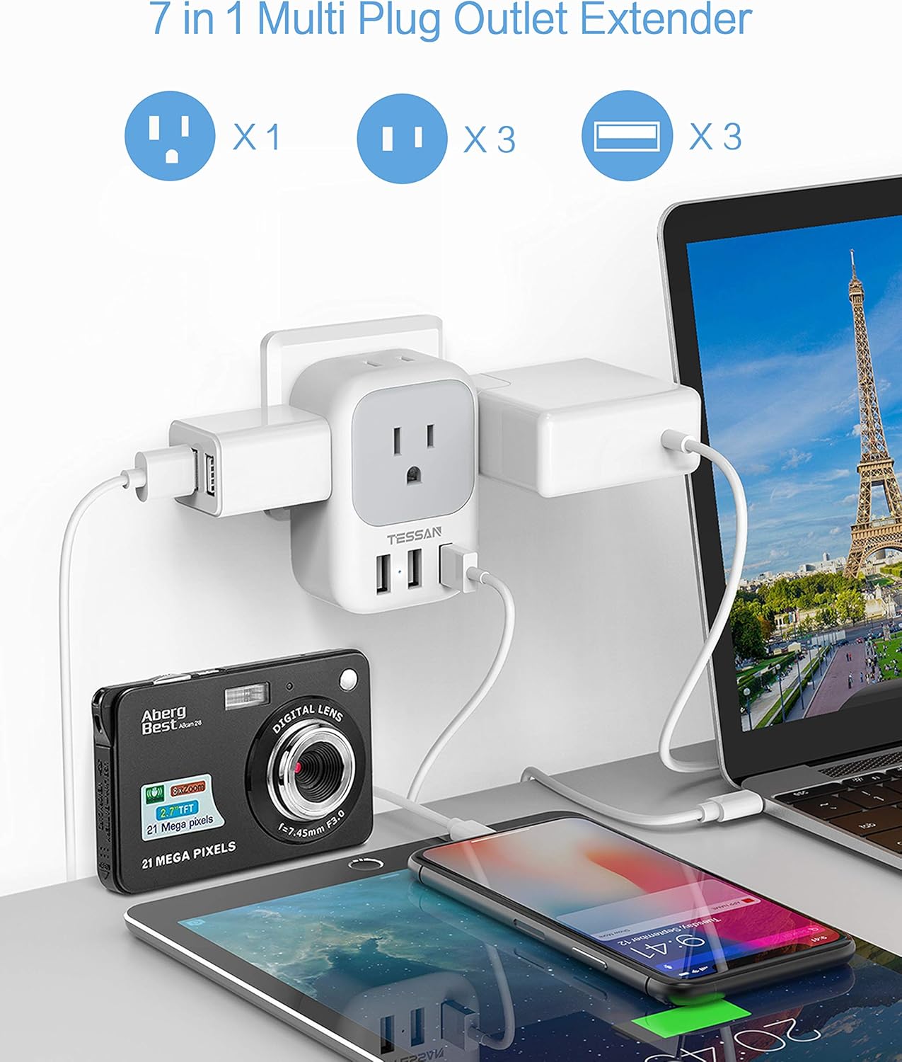 Multi Plug Outlet Extender with USB, TESSAN Electrical 4 Outlet Box Splitter with 3 USB Wall Charger, Multiple Power Outlet Expander for Cruise Essentials, Home, Office - - 