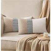 Farmhouse Decorative Lumbar Throw Pillow Covers 18x18 Set of 2, Boho Modern Accent Square Pillow Covers Black and Beige Striped Patchwork Linen Cushion Cover for Couch Sofa Chair Bedroom Home