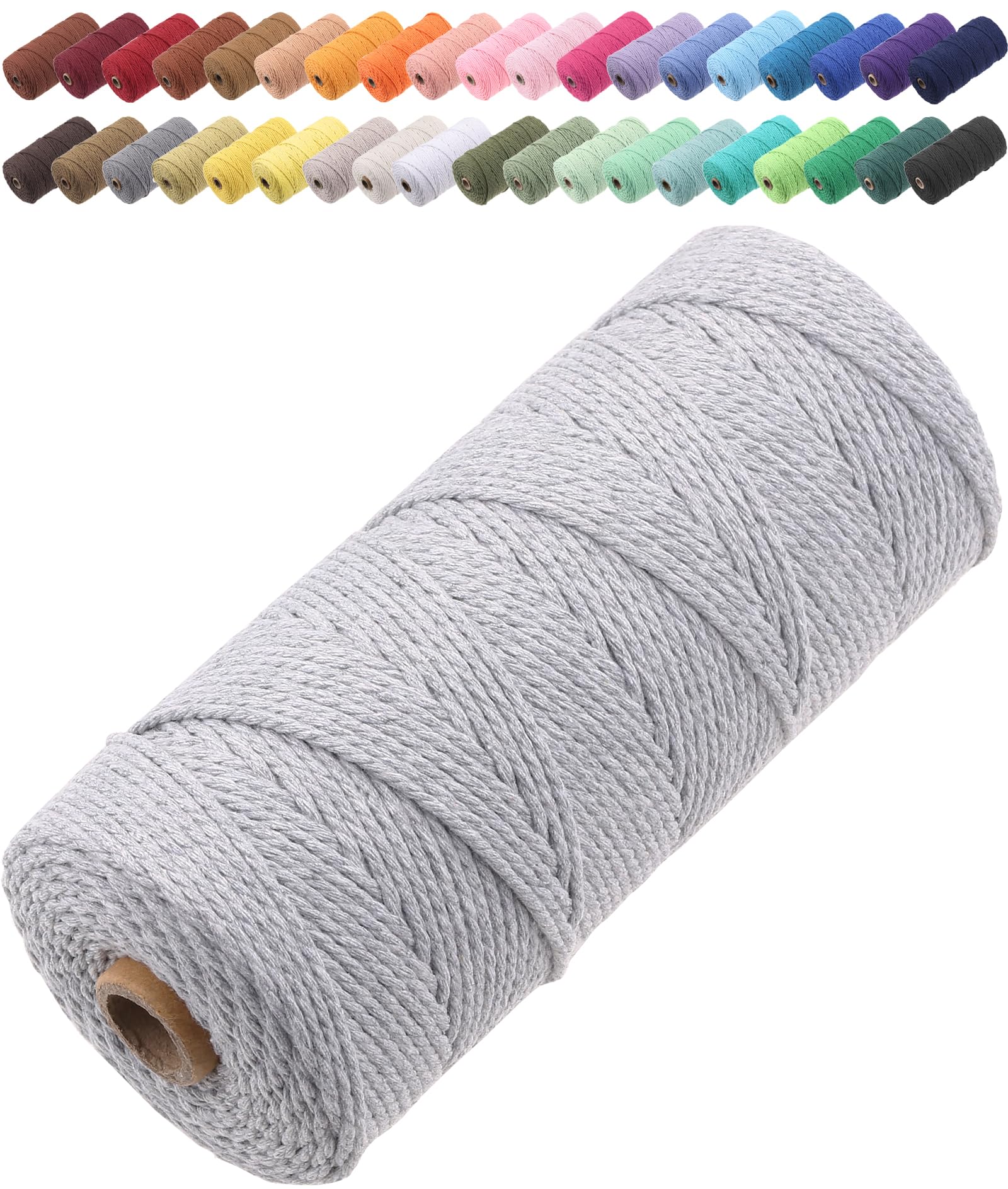 GOHOF Macrame Cord 2mm x 205m Premium Cotton Macrame Rope, 3 Strand Twisted Soft Cotton Cord, One of The Most Perfect Materials for Macrame Art, Cotton String Without Chemicals (light Grey)