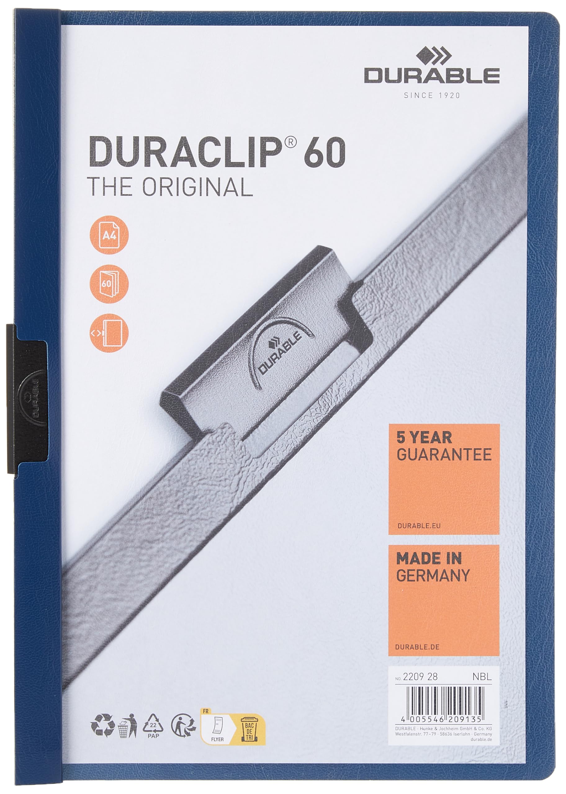 Durable DURACLIP 60 A4 Clip Folder - Holds Up to 60 Sheets of A4 Paper - Strong Metal Sprung Clip - Pack of 25 Midnight Blue Colour Folders for Organising Documents