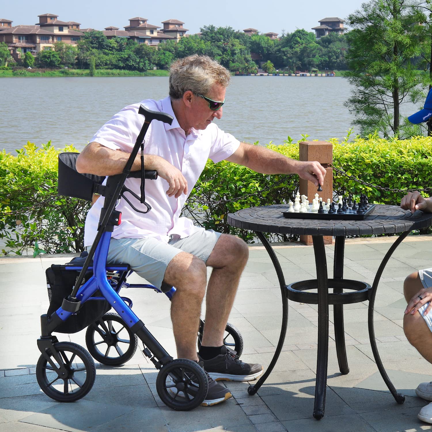 Rollator Walker for Seniors Taller 5.3~7ft with Height-Adjustable Seat, 10 Inch Wheels Wire-Hidden Walkers Compact Folding Design Lightweight Mobility Walking Aid Widen Backrest, Blue