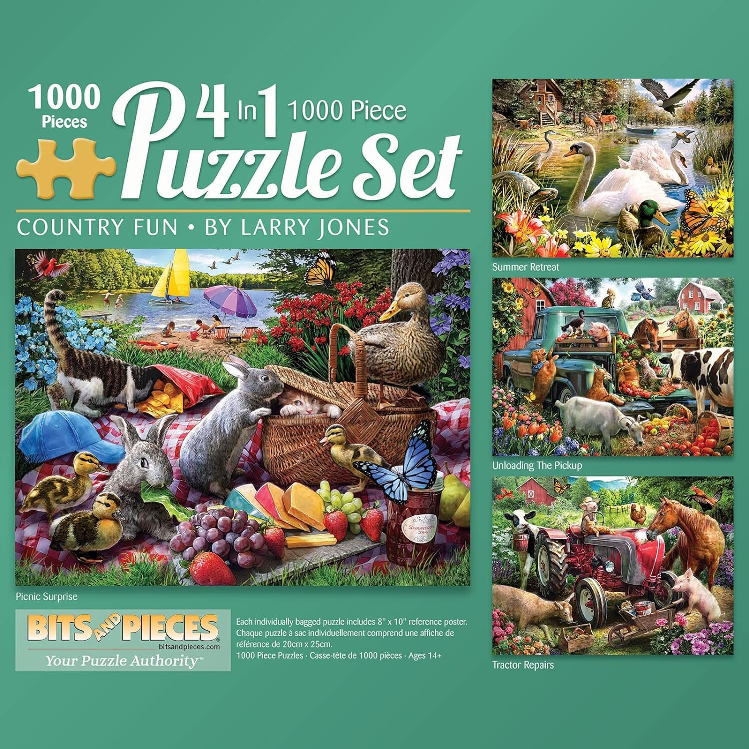 Bits and Pieces – 4-in-1 Multi-Pack 1000 Piece Jigsaw Puzzles for Adults – Country Fun by Artist Larry Jones, Completed Puzzle Size: 20" x 27"