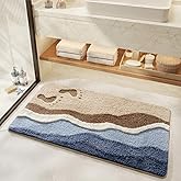 WREWING Beach-Themed Plush Bath Mat, Wave Sand & Footprint Non-Slip Rug with Non-Slip Backing, Soft Absorbent Polyester Floor Mat for Bathroom, Machine Washable Bath Mats 20 x 31 Inches (Blue)