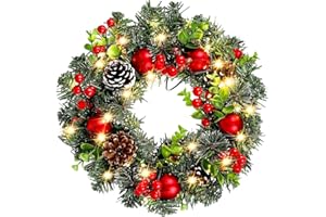 ARTIBETTER 30CM Christmas Wreath 20 LED Lights PVC Red Berry Vine Front Door Xmas Wall Decoration for Home and