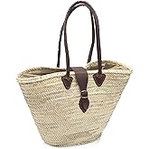 Generic French Basket Straw Bag, Brown, Women's Tote Handbag, 35cm H x 55cm L x 30cm W, Handcrafted, Leather Handles, Palm Leaf Body, Belt Closure